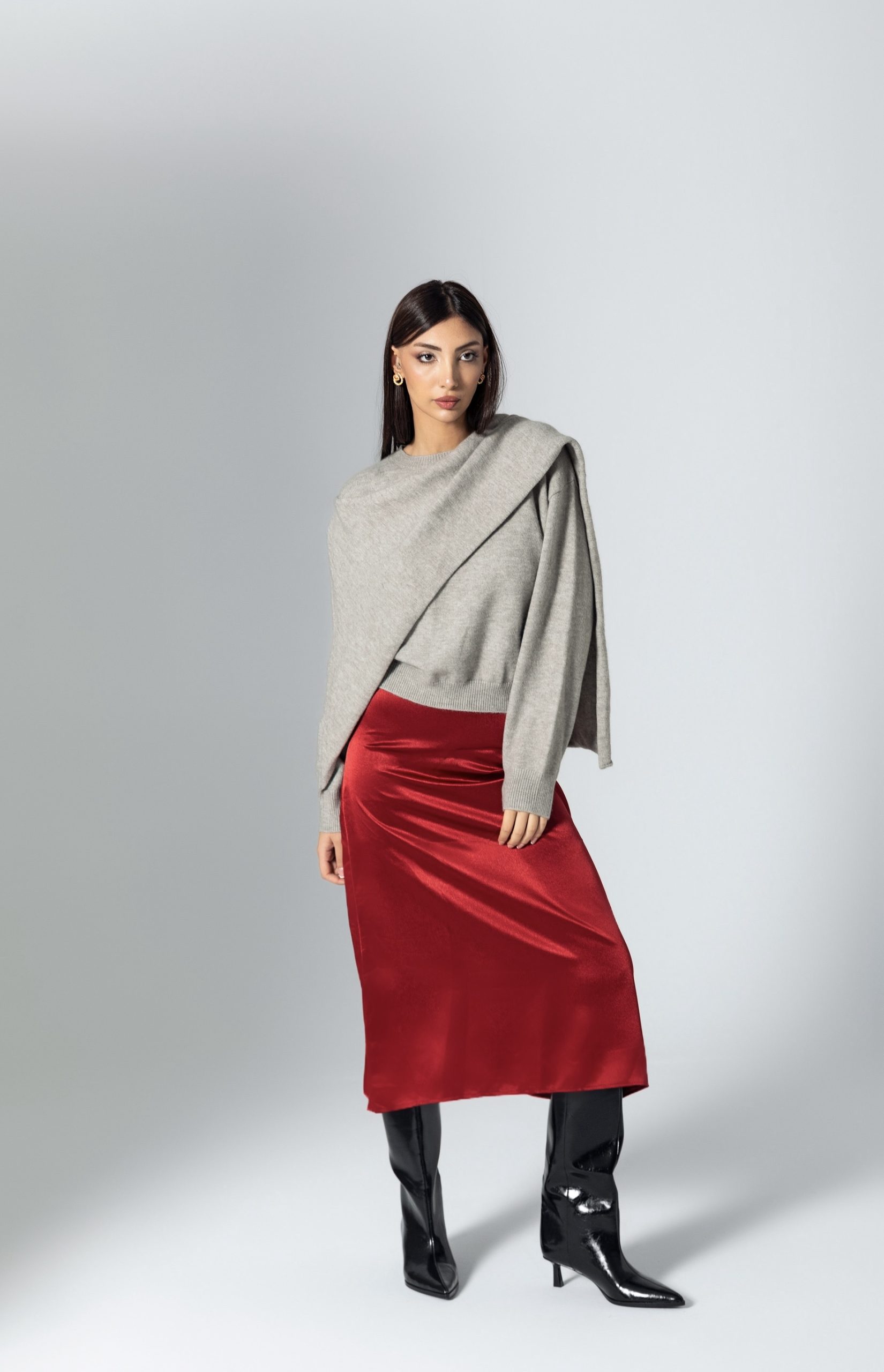 Bordo Saten Midi Etek